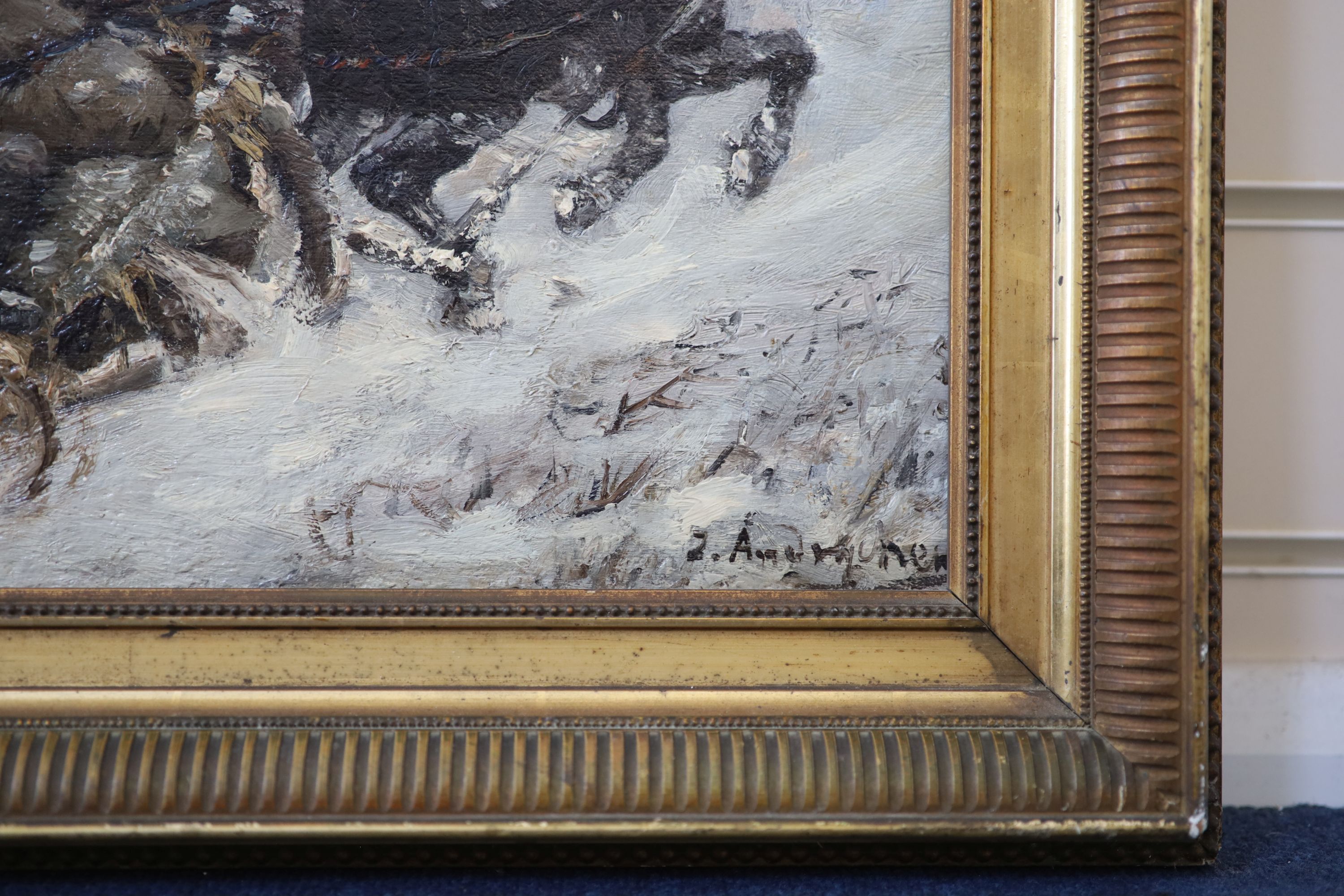 Russian School , Horse-drawn sleigh in winter, Oil on canvas, 30 x 38cm.